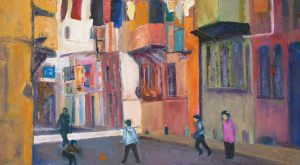 Street in Istanbul: oil on board, from a photograph in The Guardian 2012, photographer unknown