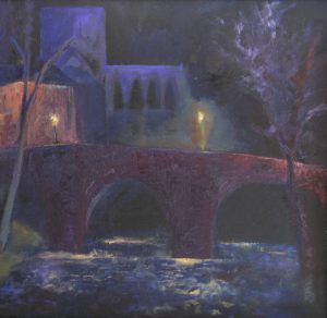 Cathedral at night: oil on board